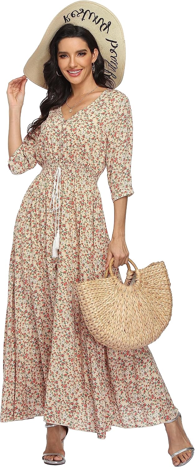 Damen Lange Split Knopf Up Sommer Maxikleid Floral Strandwear Holidy Kleid Hohe Taille mit kurzen Är