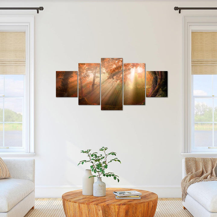 Runa Art Bild Schlafzimmer Wohnzimmer Wald Landschaft 5 Teilig Sonne Braun Wandbilder auf Vlies Lein