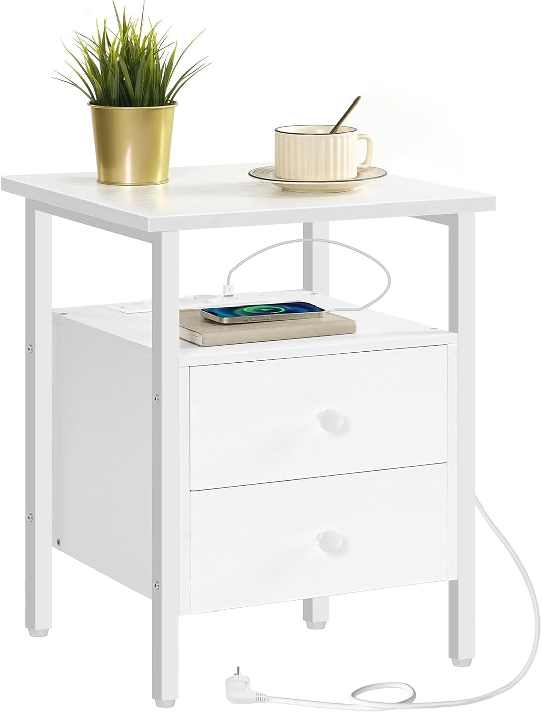 HOOBRO Nachttisch mit Ladestation, Beistelltisch, Sofatisch mit 2 Schubladen, Couchtisch mit USB-Ans