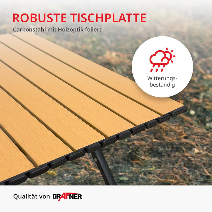 Grafner XXL Campingtisch in Holzoptik klappbar, 118 x 58 x 43 cm, niedrige Ausführung, kleines Packm