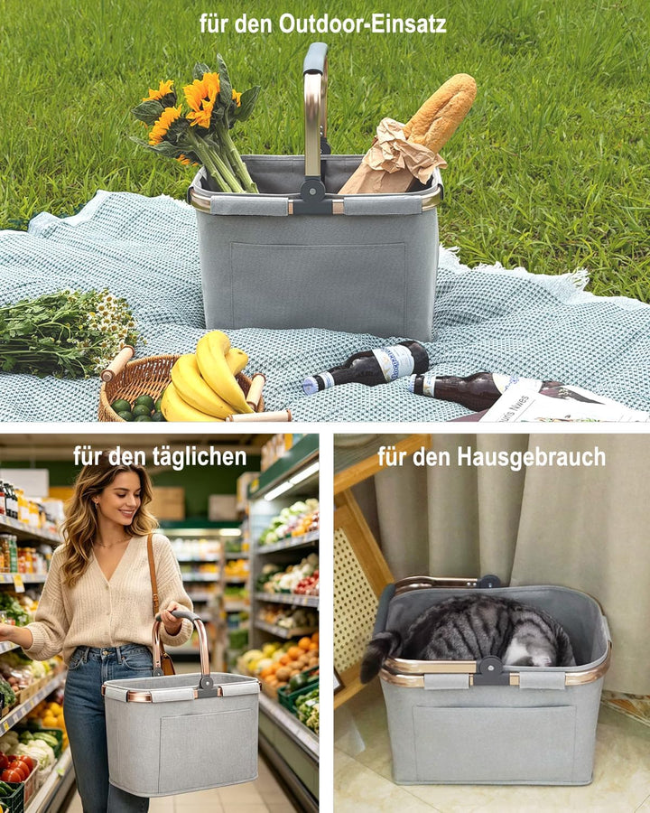 30L Einkaufskorb Faltbar Stabil Gross Tragekorb Picknickkorb Klappkorb Einkaufstasche mit Aluminiumg