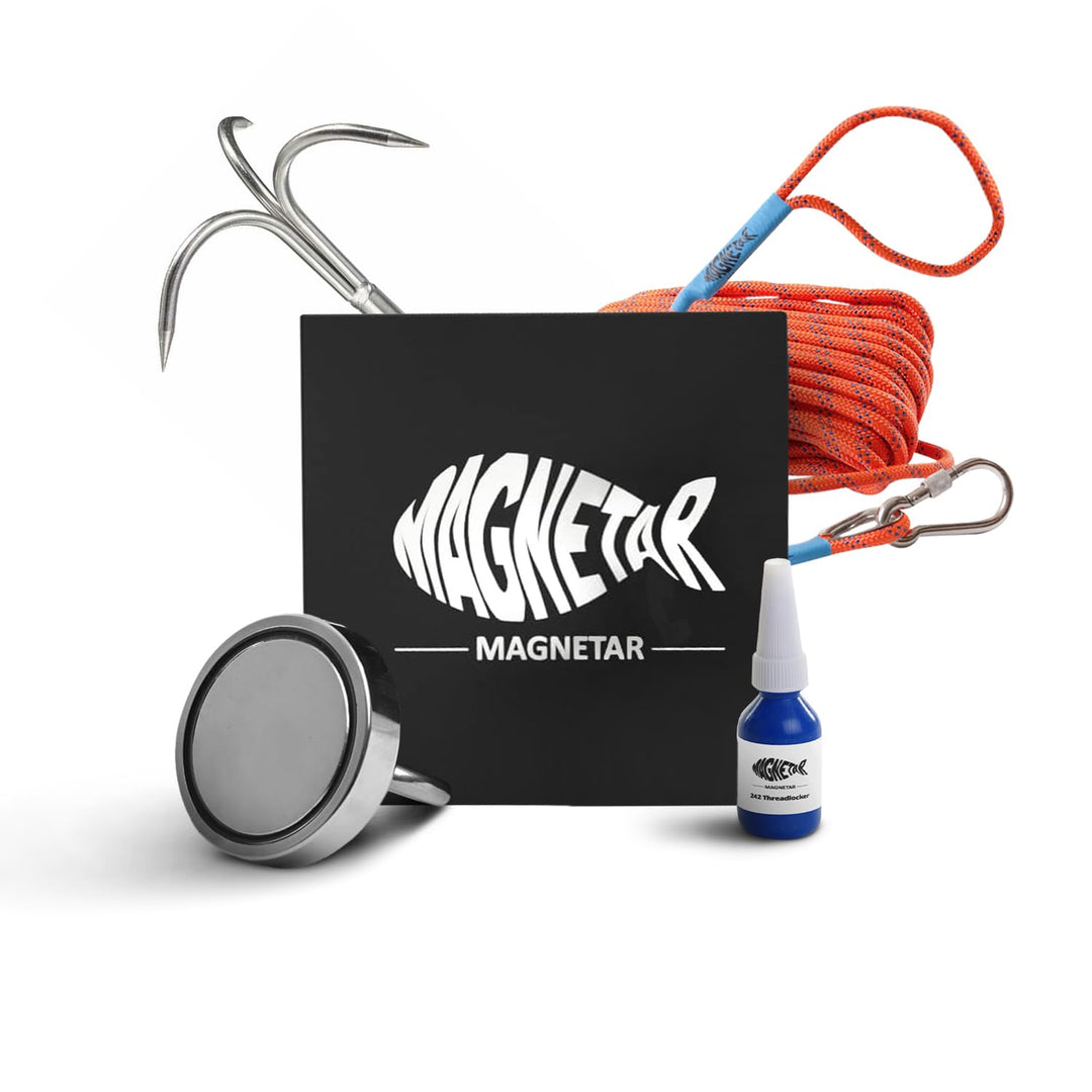 Magnetar - Magnetfischen Set - Einseitig 200kg Bergemagnet - Magnetangel Paket mit Topfmagnet/Seil/H