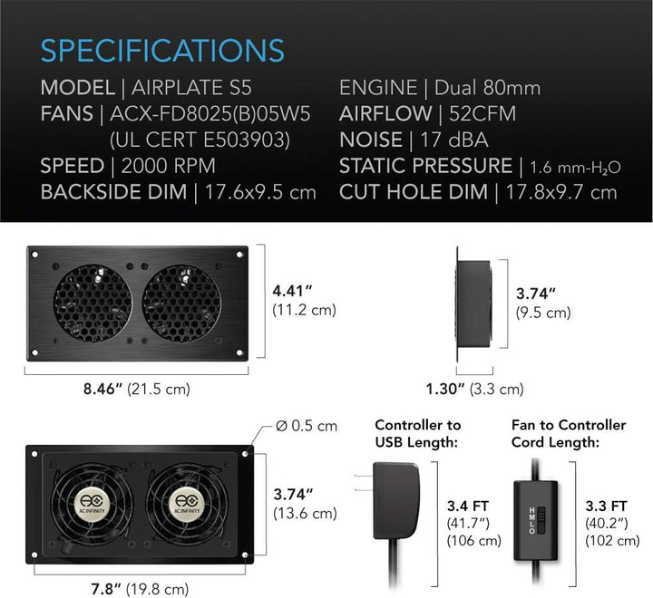 AC Infinity AIRPLATE S5, Leises Kühlventilatorsystem 8 Zoll mit Geschwindigkeitsregelung, für Heimki