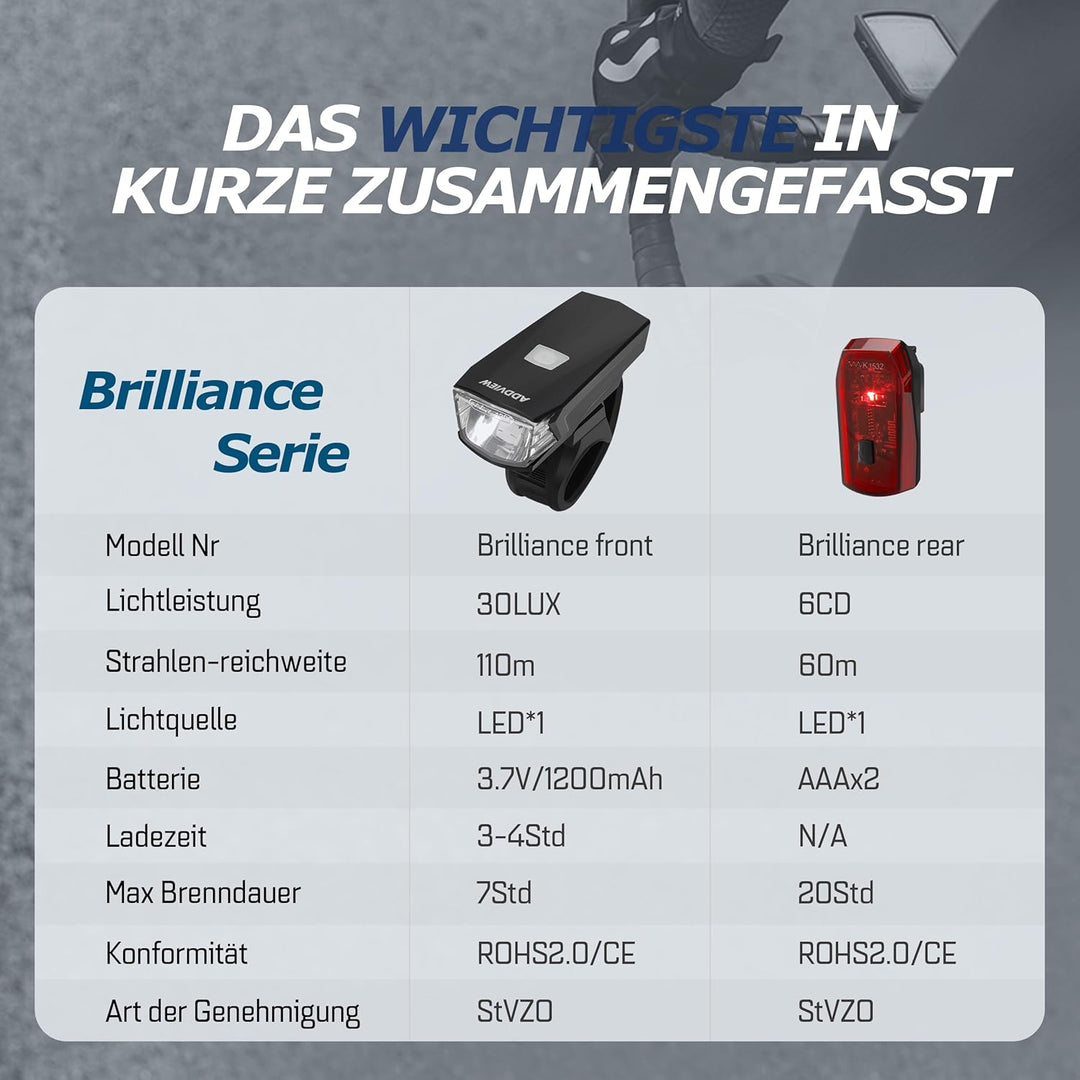Fahrradlicht-Set Brilliance – LED Frontlicht 30 Lux mit Akku & Rücklicht mit Batteriebetrieb, StVZO