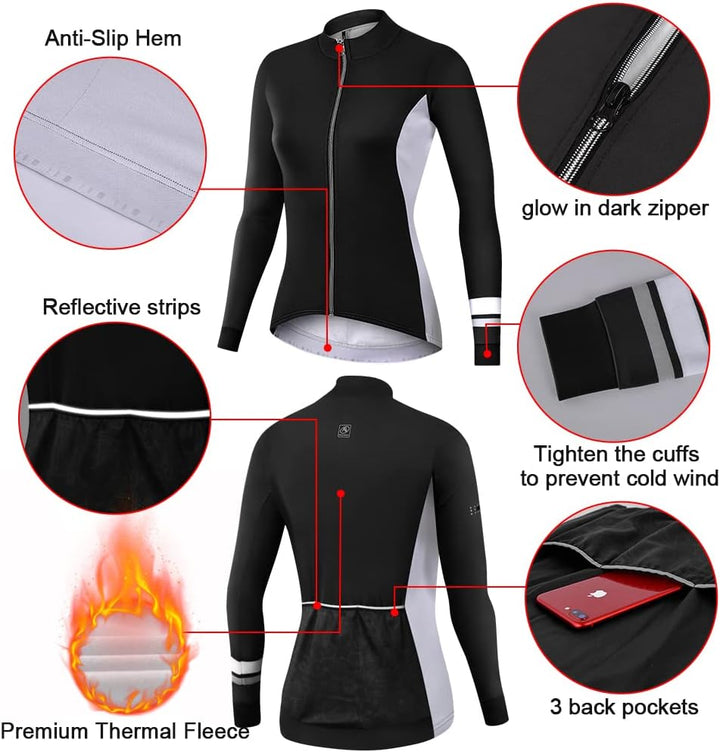 NUCKILY Fahrradbekleidung Set Damen Radtrikot Langarm Winddicht Damen Thermische Fleece mit 3D Polst