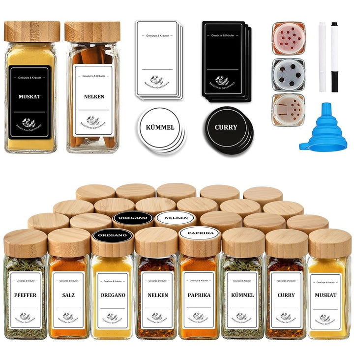 Gewürzgläser Eckig – 24er Set mit Bambusdeckel, Etiketten in Schwarz & Weiss (360 Stück) & Silikontr