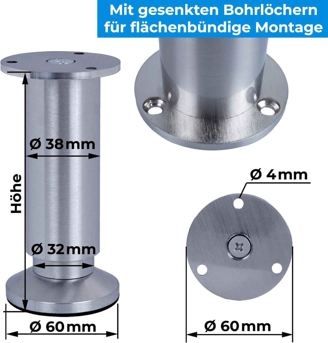 4er SET Möbelfüsse Sofafuss Möbelbeine| ALUMINIUM gebürstet | Höhe 20 cm |Ø 38 mm|stabile Ausführung