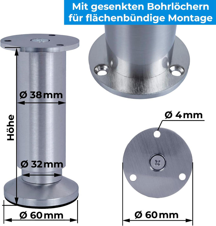 4er SET Möbelfüsse Sofafuss Möbelbeine| ALUMINIUM gebürstet | Höhe 20 cm |Ø 38 mm|stabile Ausführung