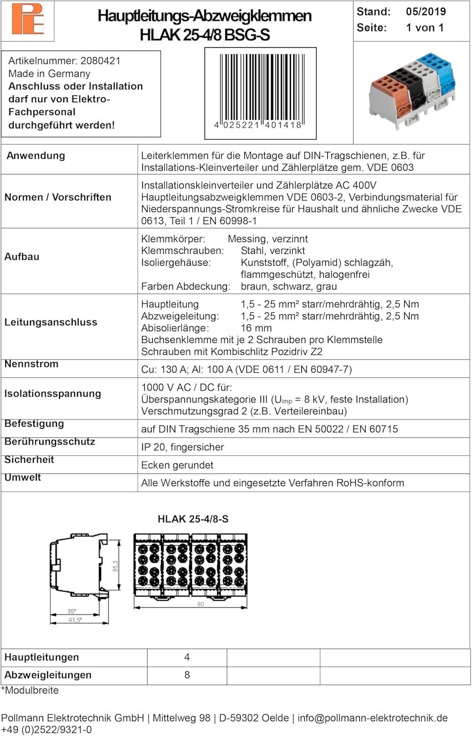 Pollmann Abzweigklemme HLAK 25-4/8 BSG-S, 1 Stück