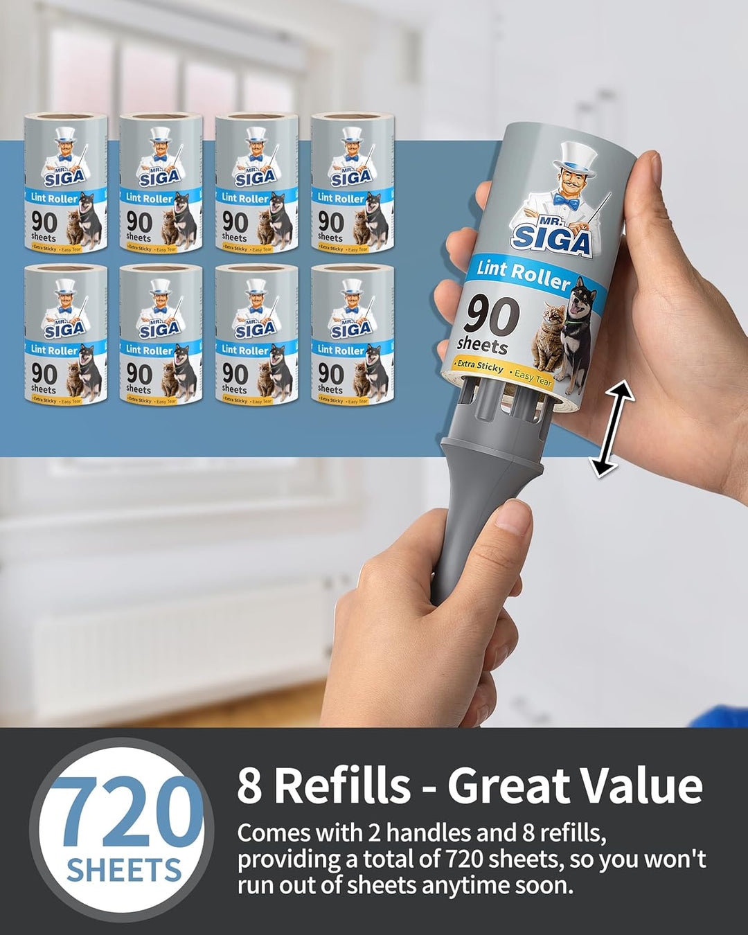 MR.SlGA Fusselrollen für Tierhaare Extra Klebrig, 720 Blätter, Fusselentferner für Kleidung, Möbel,