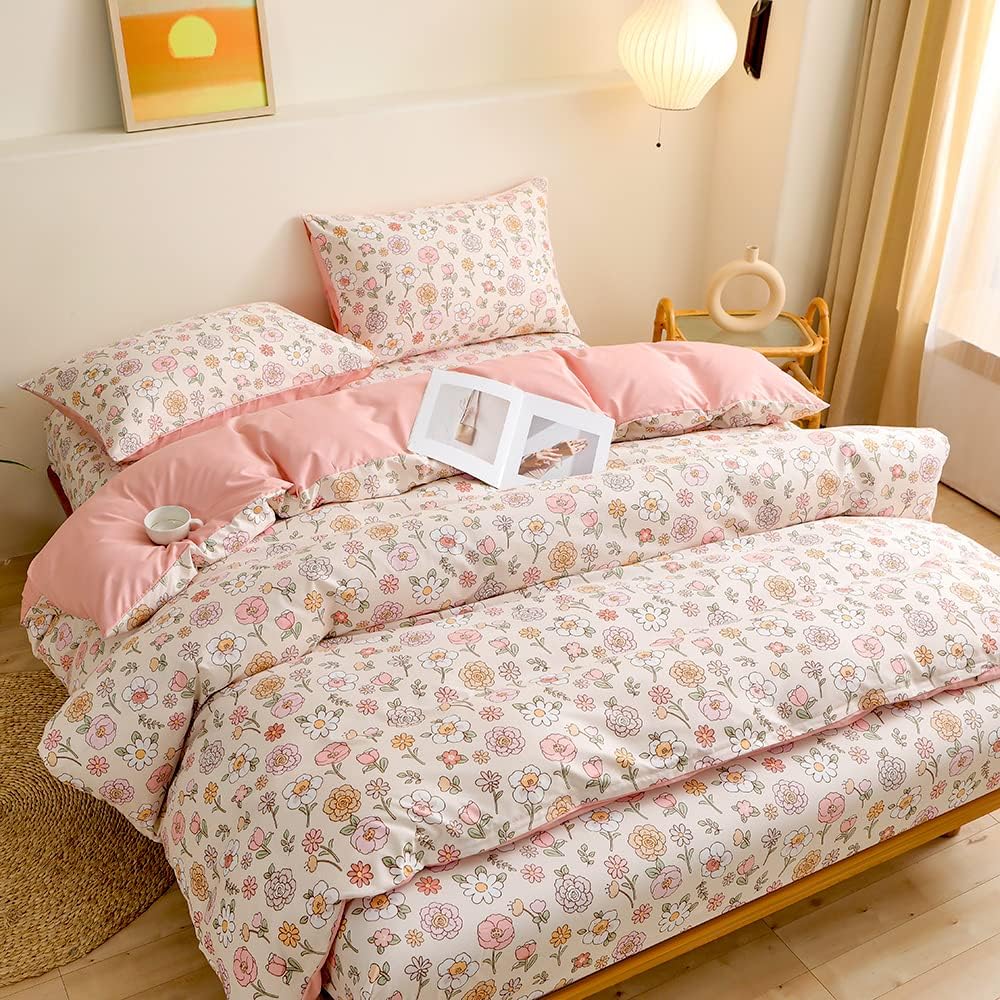 YASMENG Bettwäsche 200x220 Bunt Blumen Muster Beige Rosa Floral Wendebettwäsche Set Weich Flauschig