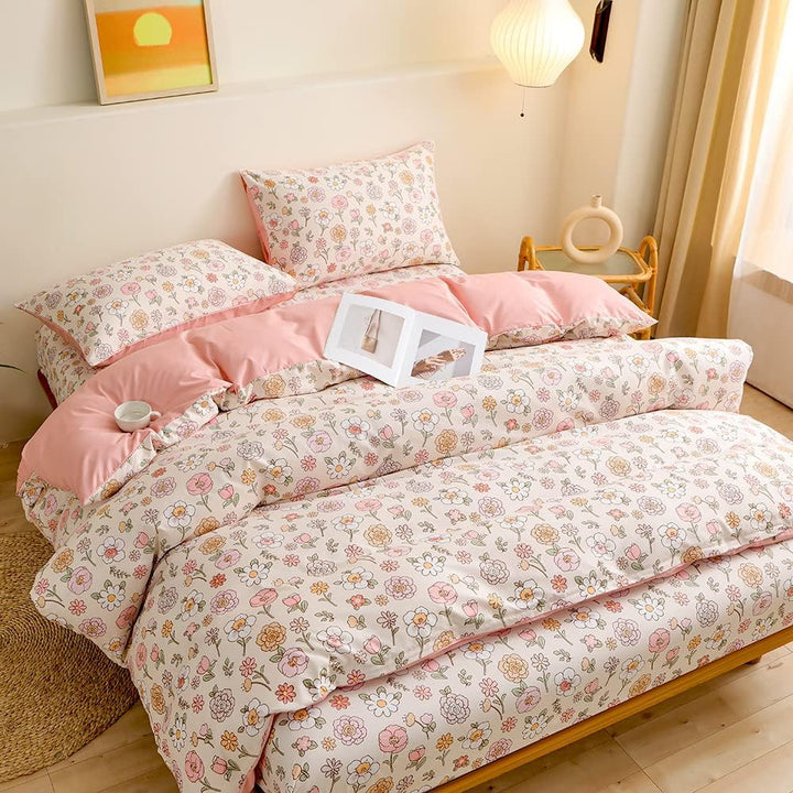 YASMENG Bettwäsche 155x220 Blumen Muster Beige Rosa Bettwäsche 3 Teilig Weich Kuschelig Mikrofaser B