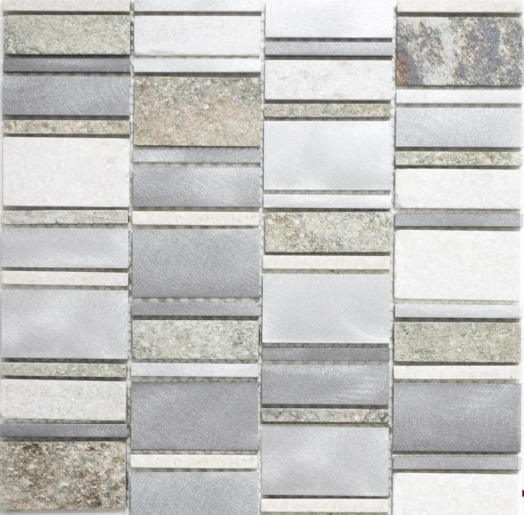 Mosaik Rechteck Quarzit/Aluminium mix Metall, Mosaikstein Format: 8/23/40x73x8 mm, Bogengrösse: 298x