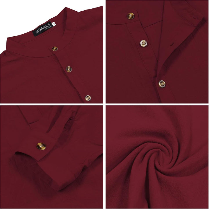 YAOBAOLE Herrenhemd, Leinen, Langarm, Sommer, Mao, lässig, Henley, Strandhemd, klassisch XL Weinrot,