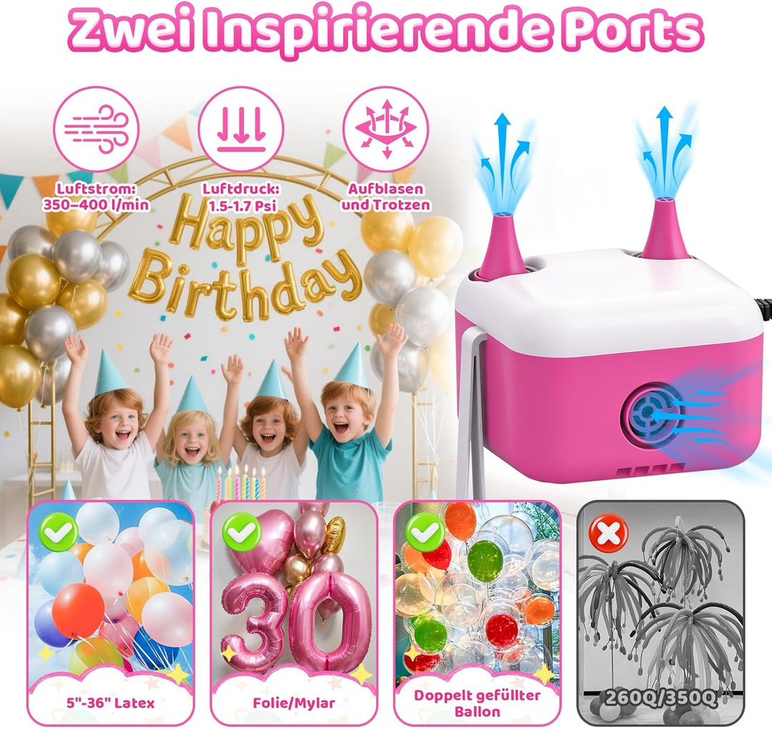 Luftballonpumpe Elektrische, 3-in-1 Elektrische Luftpumpe CEE 7/16 Stecker, Ballonpumpe mit 2 Luftdü