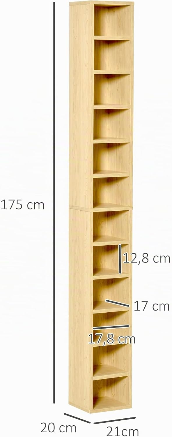 HOMCOM 204 CD-Regal schmal 12 Ebenen 175 cm, Eichenfarbe | Hohes Aufbewahrungsregal, Aufbewahrungstu