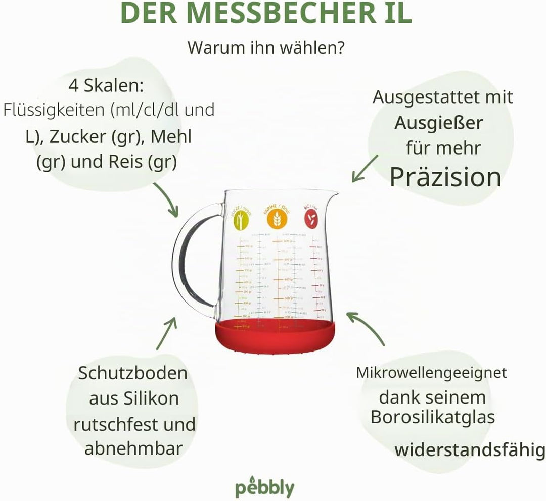 Pebbly PKM-1000R MESSBECHER MIT SILIKONBODEN 1L, Borosilikatglas, Silikon, Rot, 11,9 x 11,9 x 15,8 c