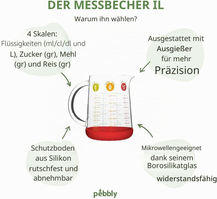 Pebbly PKM-1000R MESSBECHER MIT SILIKONBODEN 1L, Borosilikatglas, Silikon, Rot, 11,9 x 11,9 x 15,8 c