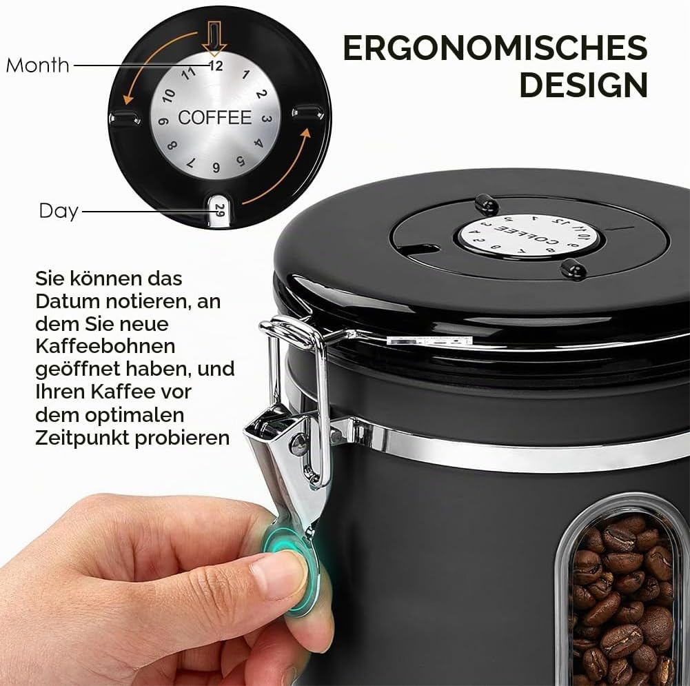 Kaffeedose, Kaffeebohnenbehälter, Vakuum Kaffee Dose, 2,8 L Kaffeebohnen aus Edelstahl, mit Datumsan
