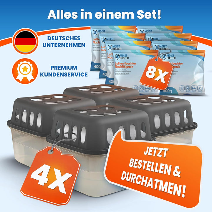 4x Luftentfeuchter ohne Strom + 8x 400g Luftentfeuchter Nachfüllpack - Raumentfeuchter bis 40m² für
