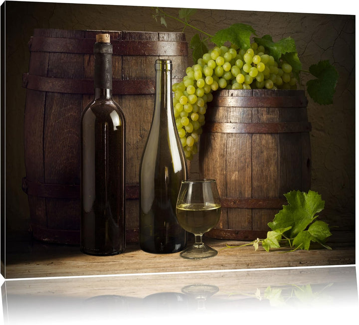 Pixxprint Fässer mit Weintrauben und Wein als Leinwandbild/Grösse: 100x70 cm/Wandbild/Kunstdruck/fer