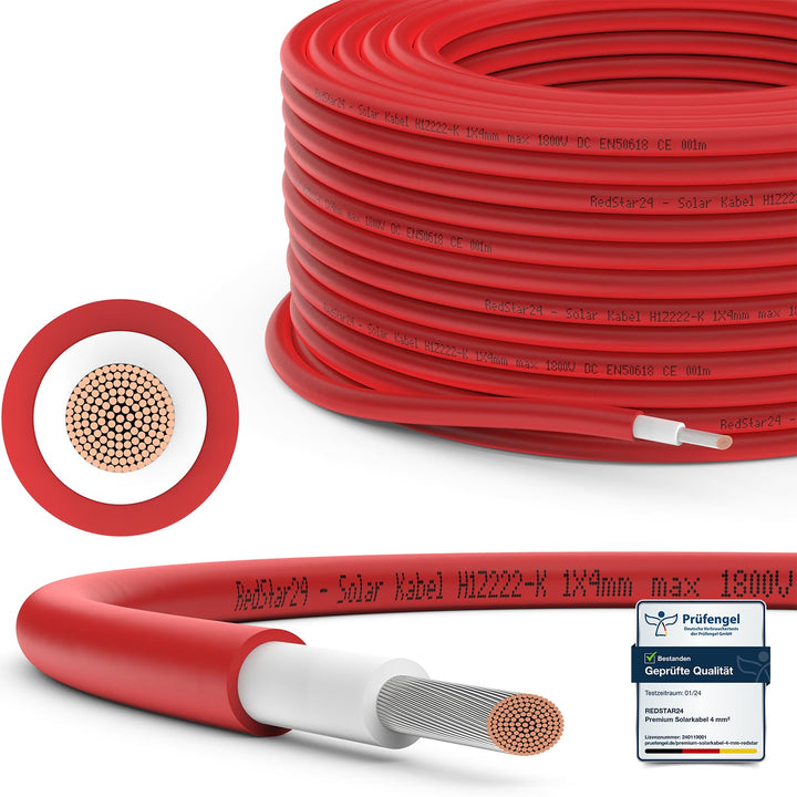 RedStar24 Premium Solarkabel 4mm² Rot - 30m - TÜV SÜD geprüft - UV-beständig, flexibel, Photovoltaik