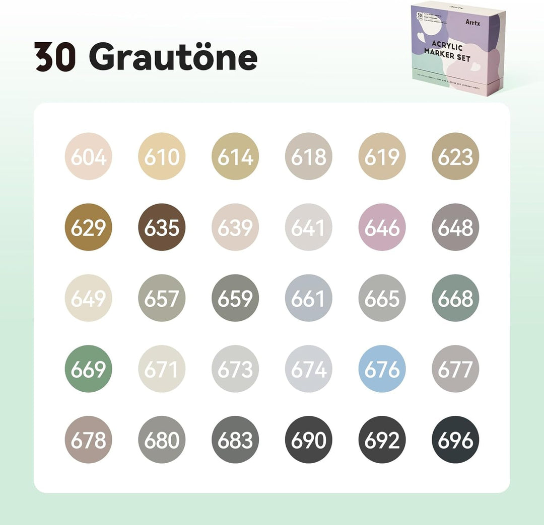 Arrtx 30 Grauton-Acrylfarbmarker, Acrylstifte für Steine Bemalen，Acryl Marker Pinsel Spitze, Permane