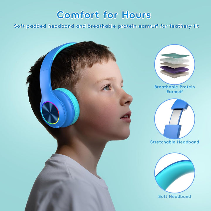 Candy Bila Bluetooth Kinder Kopfhörer Over-Ear, Kabellos mit LED-Leuchten, HD-Mikrofon, 85/94dB Laut