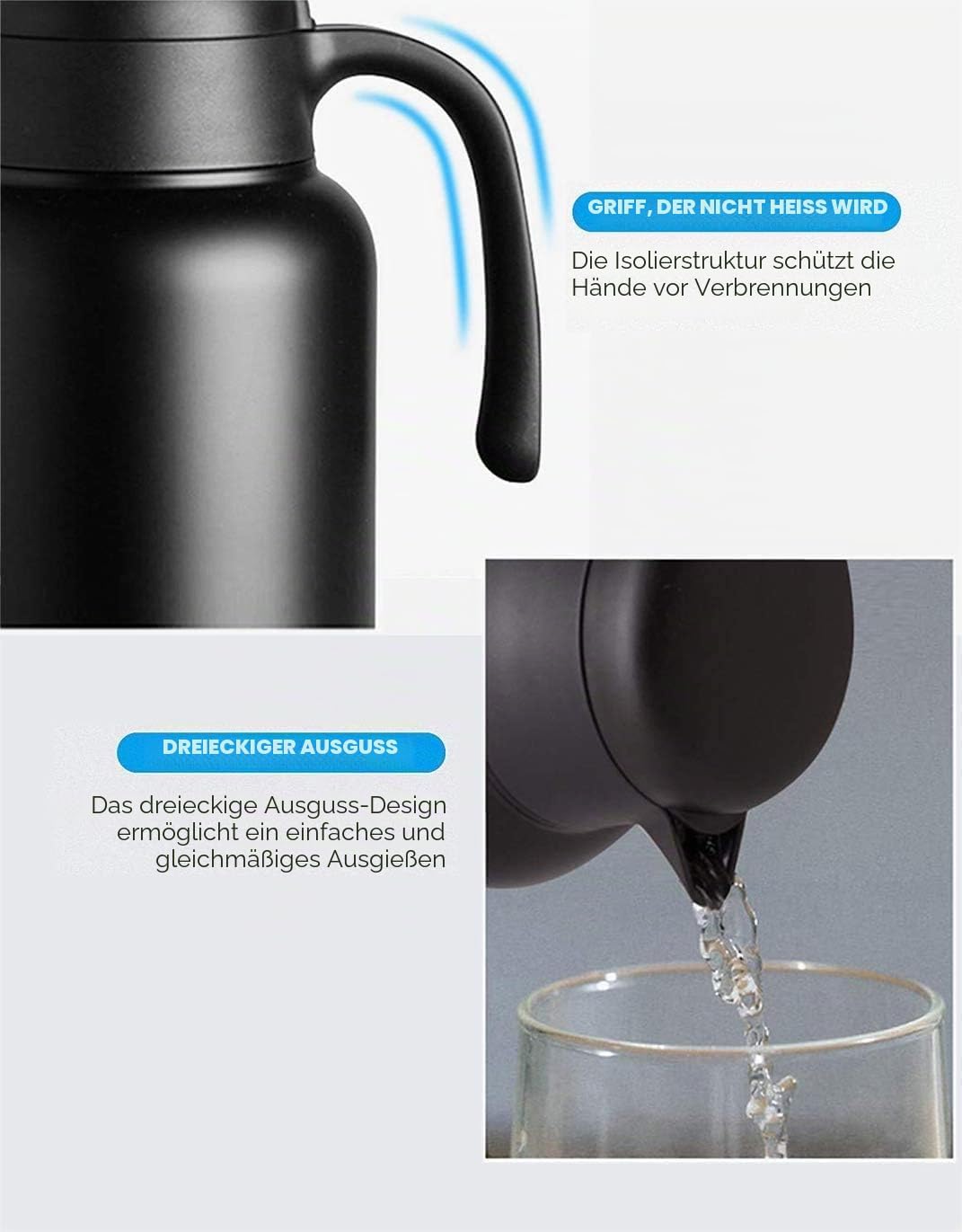 Luvan Thermoskanne, 2 l, Thermokaraffe aus Edelstahl, Warmhaltefunktion, kalt, 24 Stunden (schwarz),