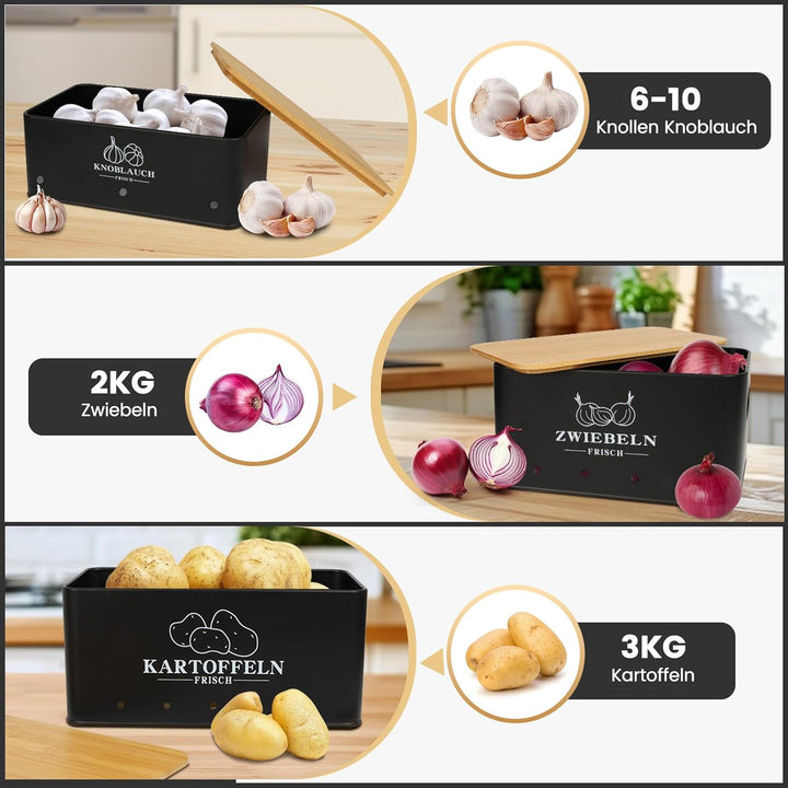 Kartoffel Aufbewahrungsbox 3er Set mit Bambusdeckel, Aufbewahrung für Kartoffeln Zwiebeln Knoblauch,