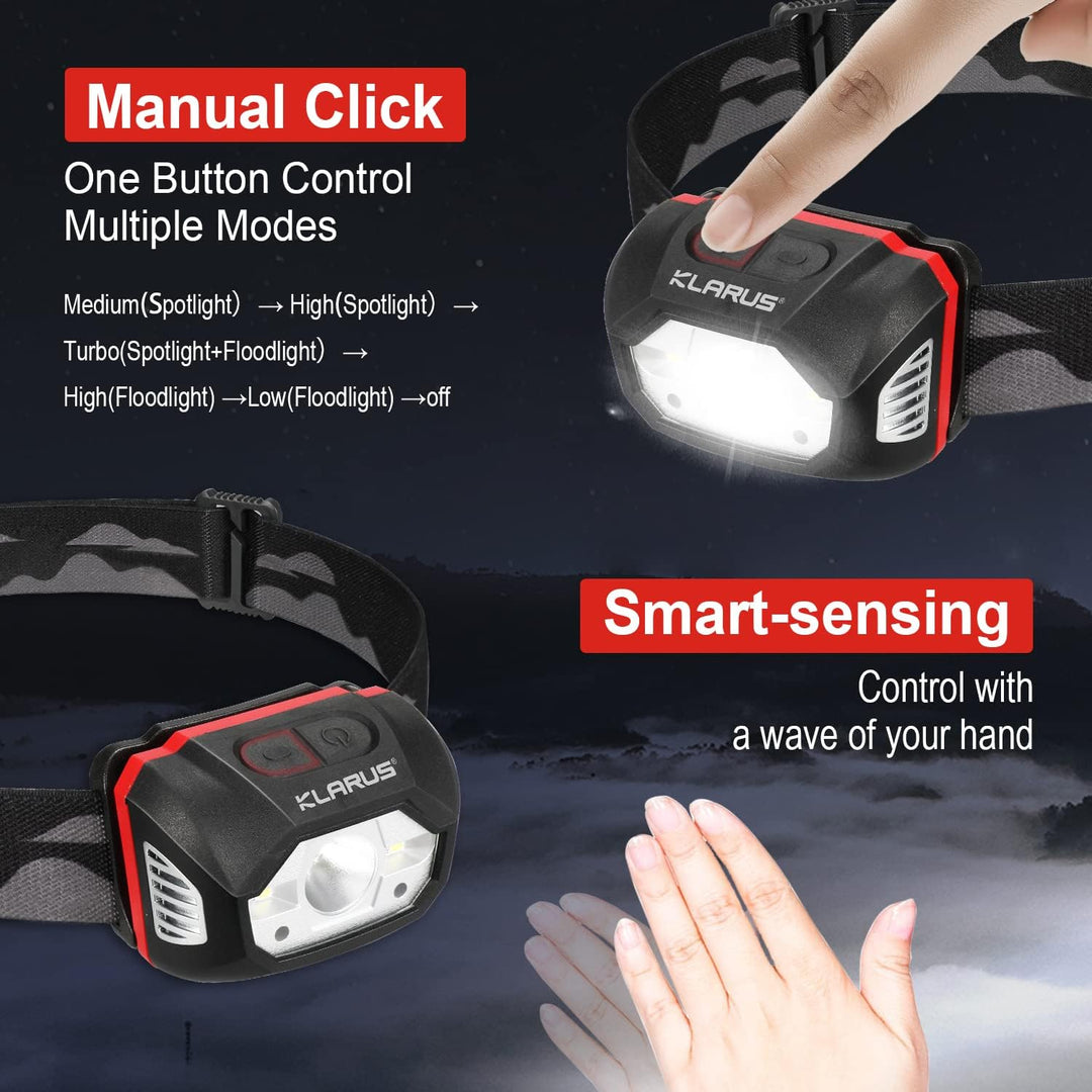 klarus HM1 440 Lumen wiederaufladbare Gestensensor Stirnlampe Kopflampe, 5 Modi 70 Stunden Laufzeit,