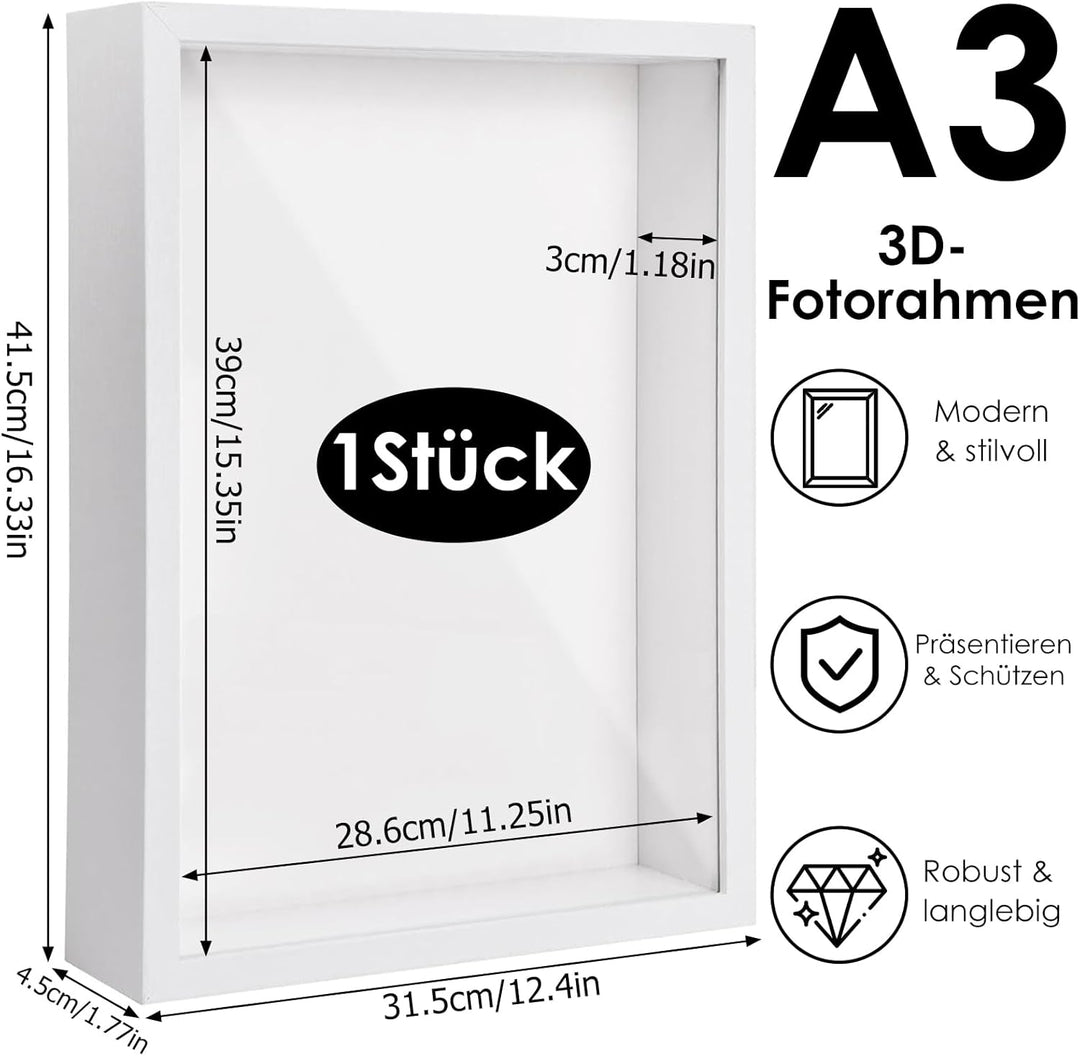 3D Bilderrahmen zum Befüllen, 41,5 x 31,5 x 4,5cm Weiss Shadow Box, 3D Objektrahmen Tiefer 3cm für H