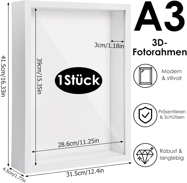 3D Bilderrahmen zum Befüllen, 41,5 x 31,5 x 4,5cm Weiss Shadow Box, 3D Objektrahmen Tiefer 3cm für H
