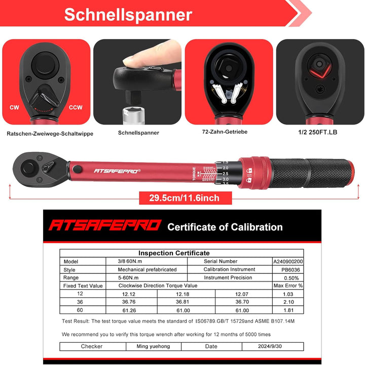 ATsafepro Drehmomentschlüssel 3/8 Zoll, 5-60Nm Drehmomentschlüssel Klein ±3% Fehlergenauigkeit mit 7