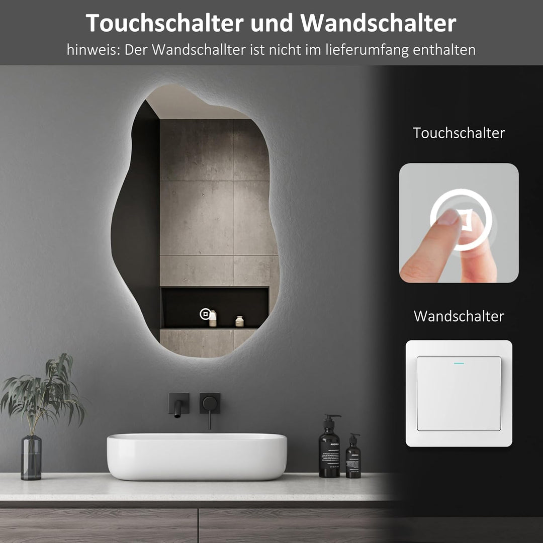 Boromal Asymmetrischer Spiegel mit Beleuchtung 62x90cm Badspiegel mit LED-Beleuchtung, Touch-Schalte