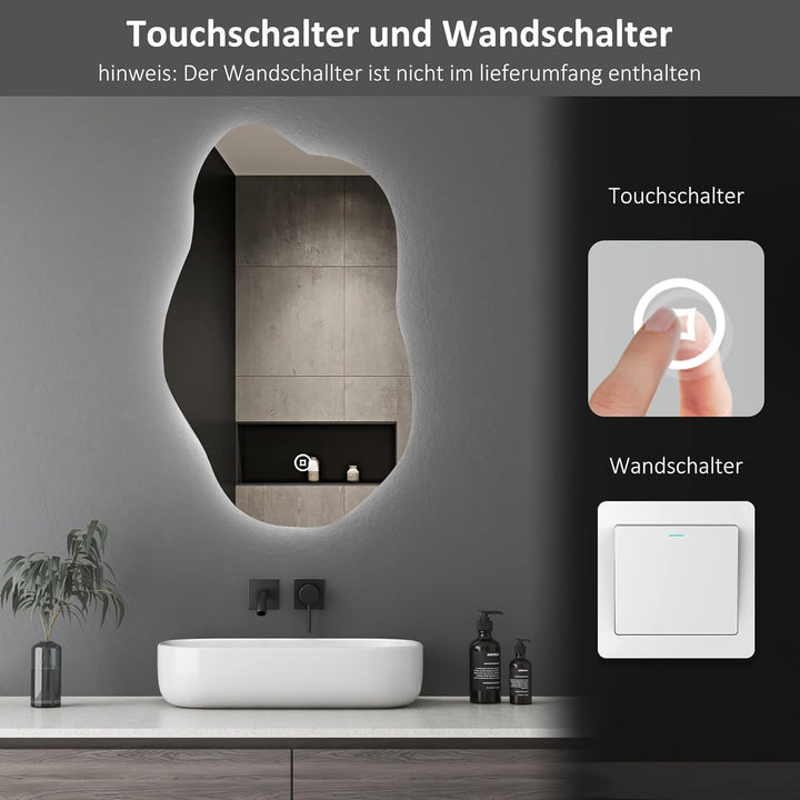 Boromal Asymmetrischer Spiegel mit Beleuchtung 62x90cm Badspiegel mit LED-Beleuchtung, Touch-Schalte