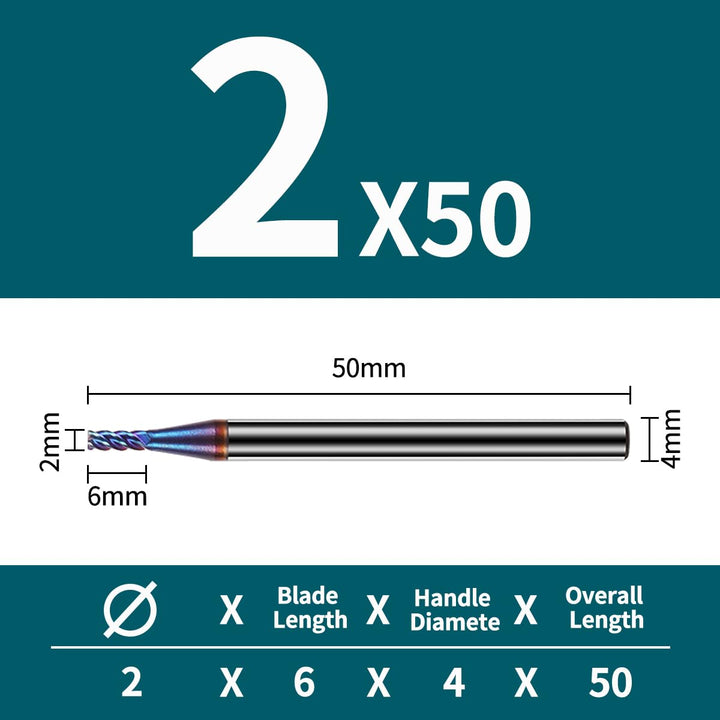 Hartmetall Schaftfräser 2.0 * 50mm*2, 4 Schneiden, NACO4 Beschichtet HRC65, VHM Fräser, CNC Fräser f
