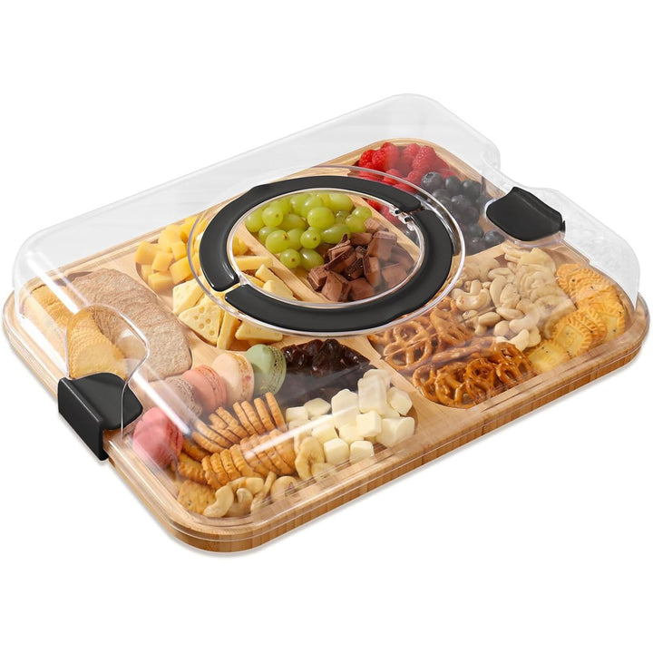 Wurstwarenbrett mit Deckel, 41, 9 x 33 cm Bamboo Charcuterie Boards mit klarem Deckelgriff, 6 Fächer