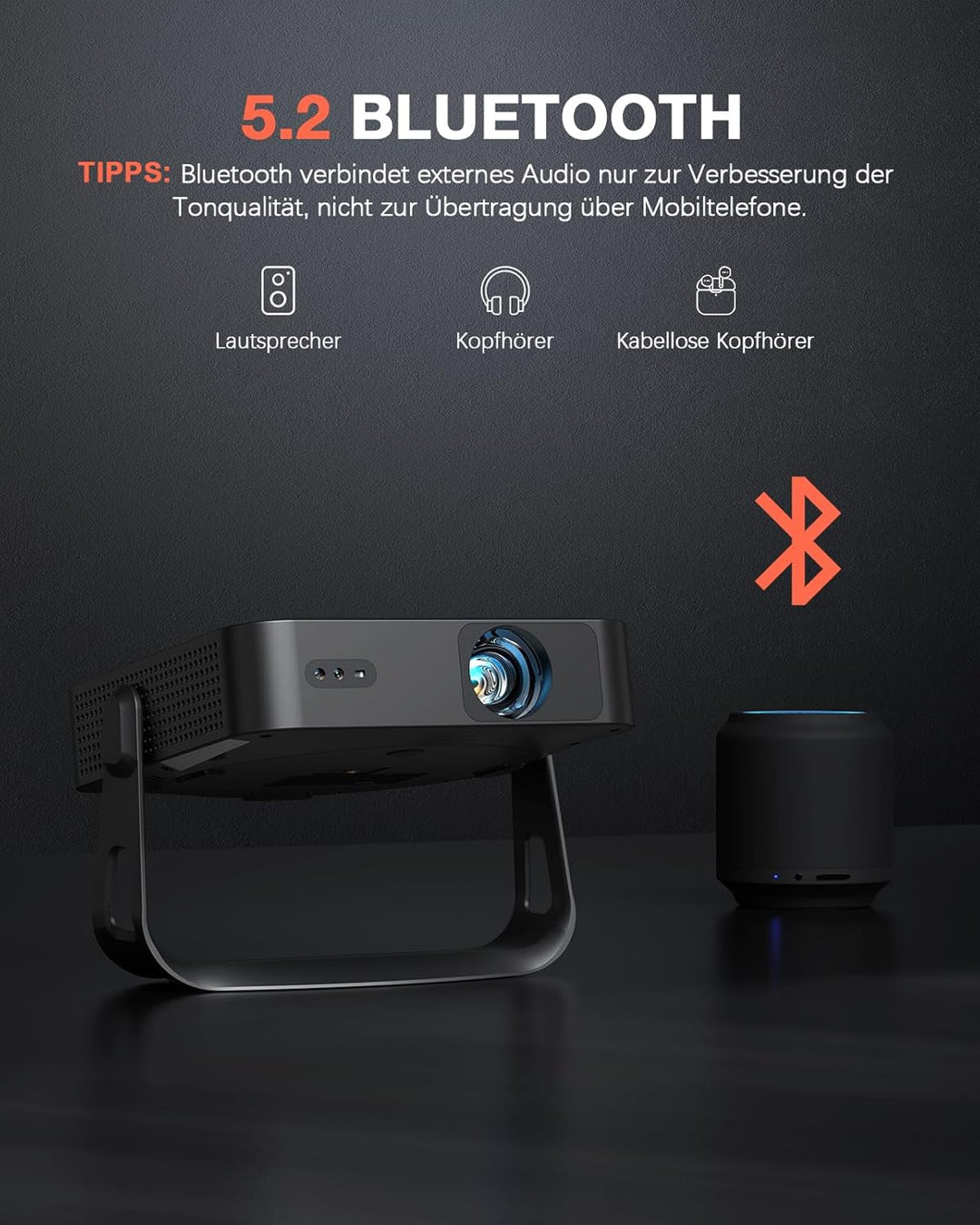 Smart Beamer【360° Drehbar/Autofokus/Trapezkorrektur】 Mini Beamer 4K Unterstützt 1080P Full HD 20000L