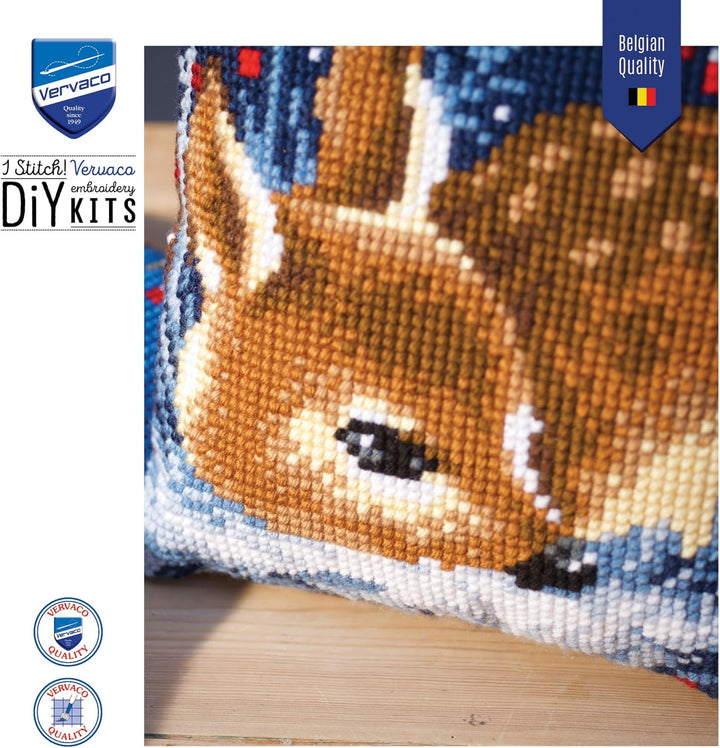 Vervaco Kreuzstichkissen Schlafendes Rehkitz Kreuzstichpackung, Stramin, Weiss, 40 x 40 x 0,3 cm