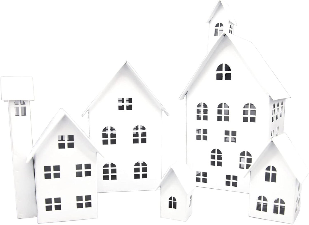 UNUS Deko Häuser 5er Set, Lichthäuser aus Metall, in Weiss, Herbstdeko Outdoor, Weihnachtsdorf für G