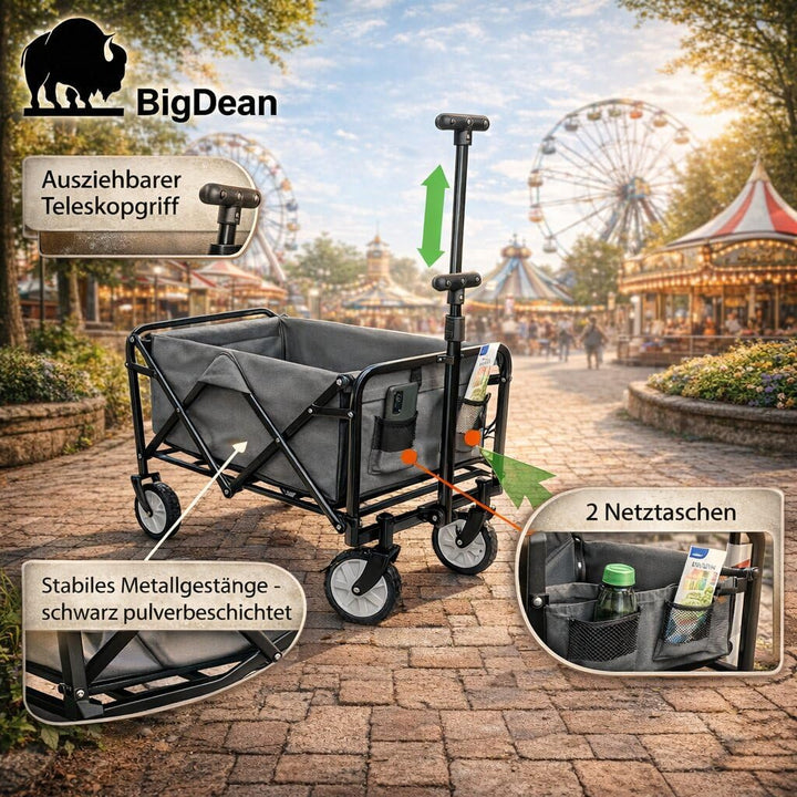 BigDean Bollerwagen faltbar bis 80kg grau schwarz kompakter Faltbollerwagen | Transportwagen klappba