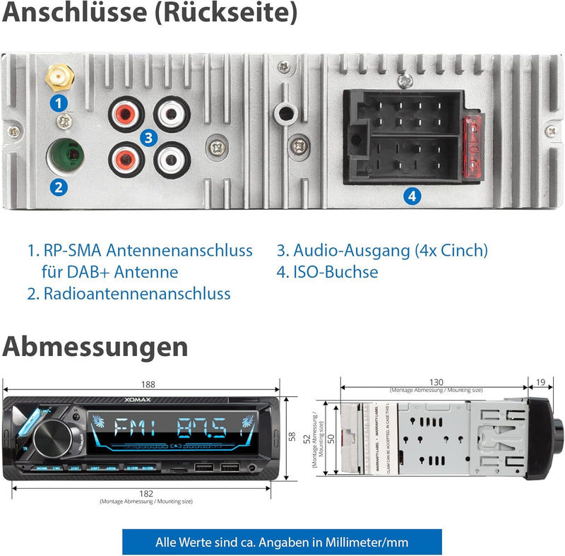 XOMAX XM-RD283 Autoradio mit integriertem DAB+ Tuner, FM RDS, Bluetooth Freisprecheinrichtung, USB,