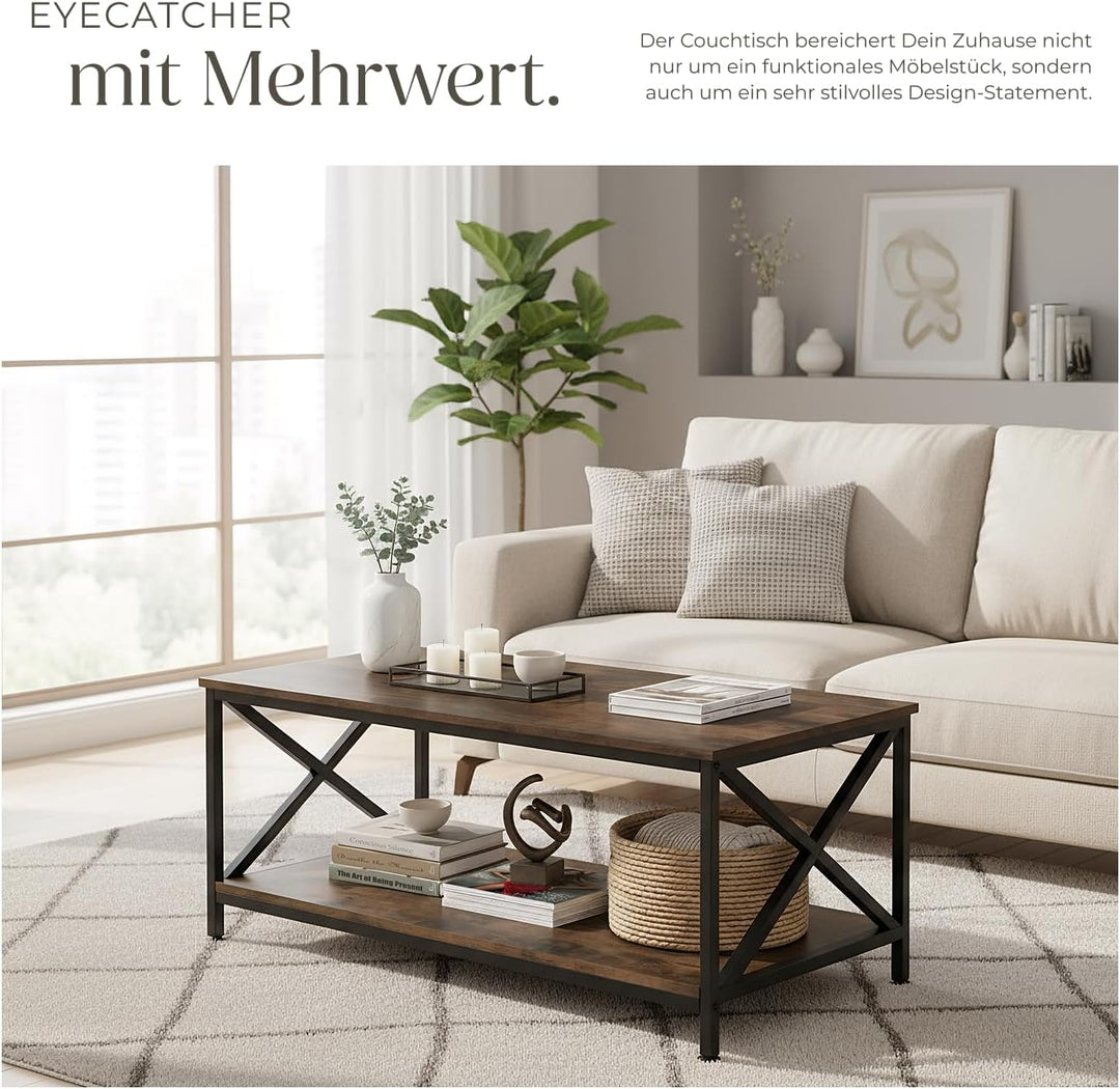 tectake® Couchtisch Holz und Metall, Wohnzimmertisch 100 x 55 x 45,5 cm, Couchtisch mit Stauraum Sof