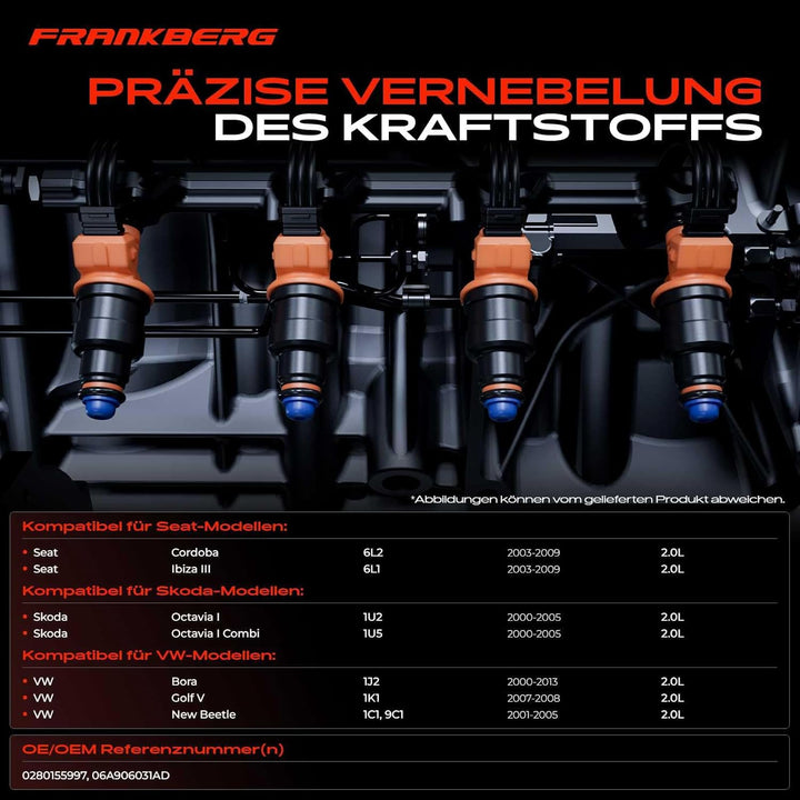 Frankberg 4x Einspritzventil 2.0L Benzin Kompatibel mit Octavia I 1U2 1U5 1999-2007 Golf IV 1J1 1998