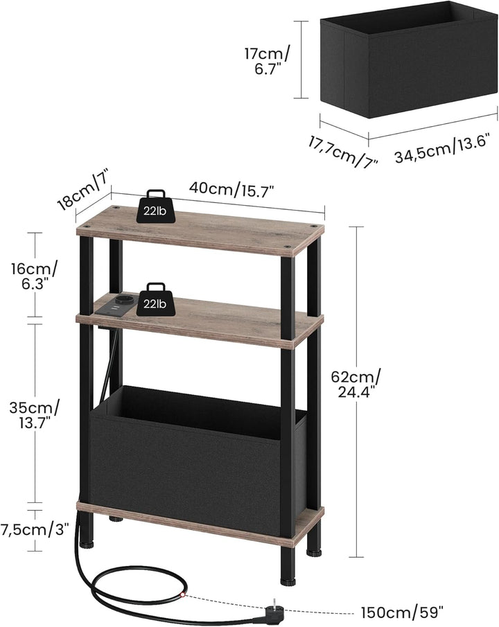 3-stufiger schmaler Beistelltisch mit Ladestation für kleine Räume, Nachttisch mit herausnehmbarer S