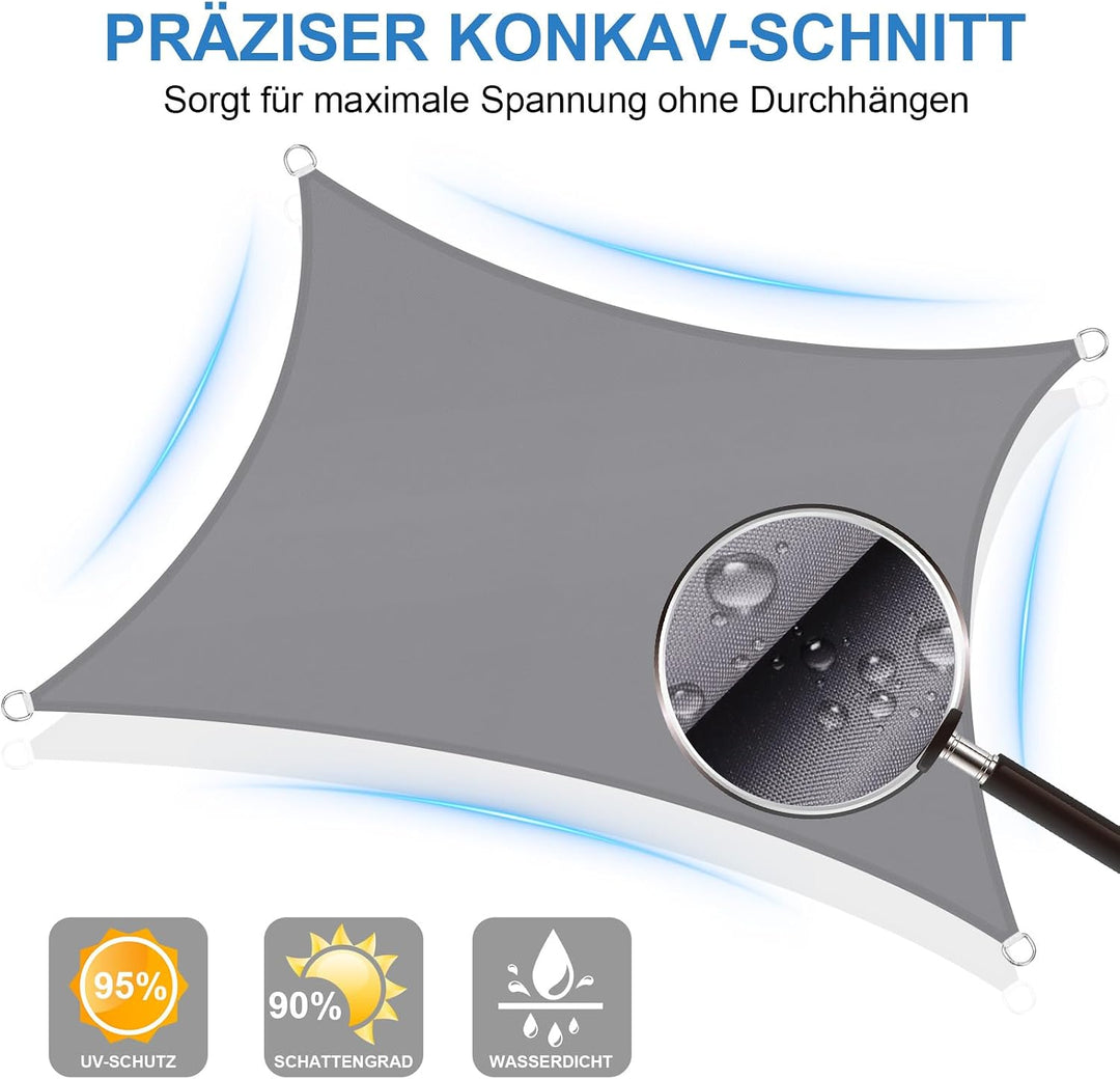 2x3m Sonnensegel Rechteckig Wasserdicht Sonnenschutz, Hellgrau | 95% UV Schutz, Regenschutz, Sunsege