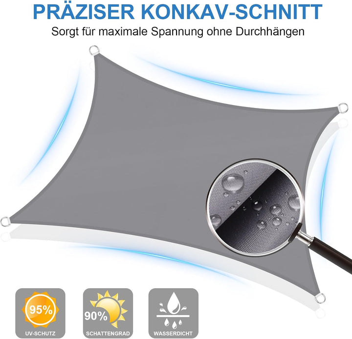 2x3m Sonnensegel Rechteckig Wasserdicht Sonnenschutz, Hellgrau | 95% UV Schutz, Regenschutz, Sunsege