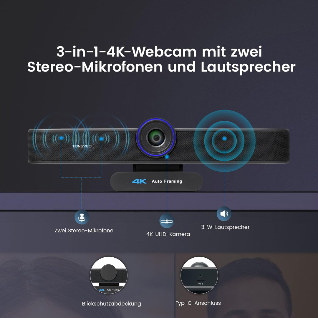 TONGVEO KI Automatisches Tracking 4K Webcam mit Mikrofonen und Lautsprecher, 5-facher Digitalzoom eP