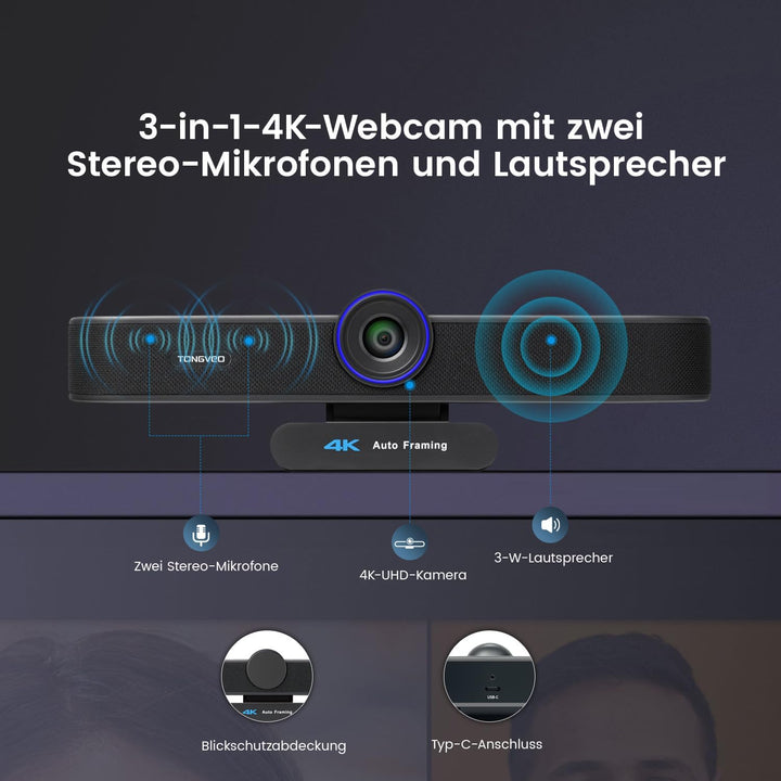 TONGVEO KI Automatisches Tracking 4K Webcam mit Mikrofonen und Lautsprecher, 5-facher Digitalzoom eP